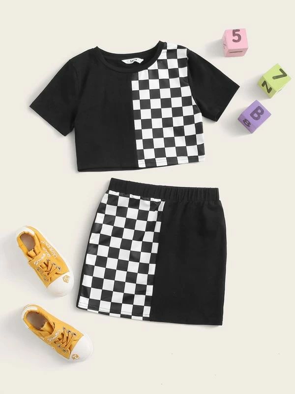 SHEIN Girls Checkered Panel Tee and Skirt Set | SHEIN