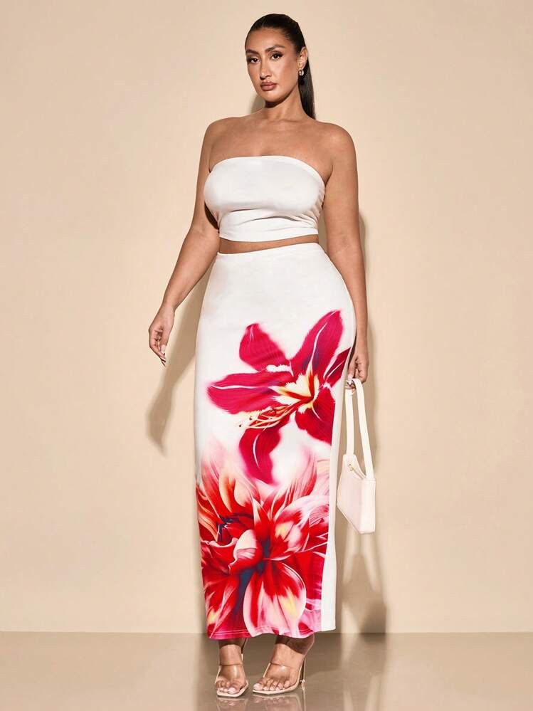 SHEIN BAE Women's Plus Size Summer Marble Romantic Big Flowers Print Bandeau Top And Wrinkle Asymmetric Skirt Set | SHEIN