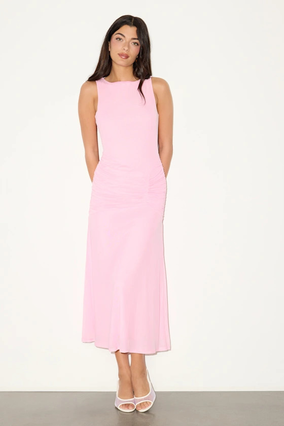 Loren Light Pink Mesh Ruched Midi Dress | Lulus