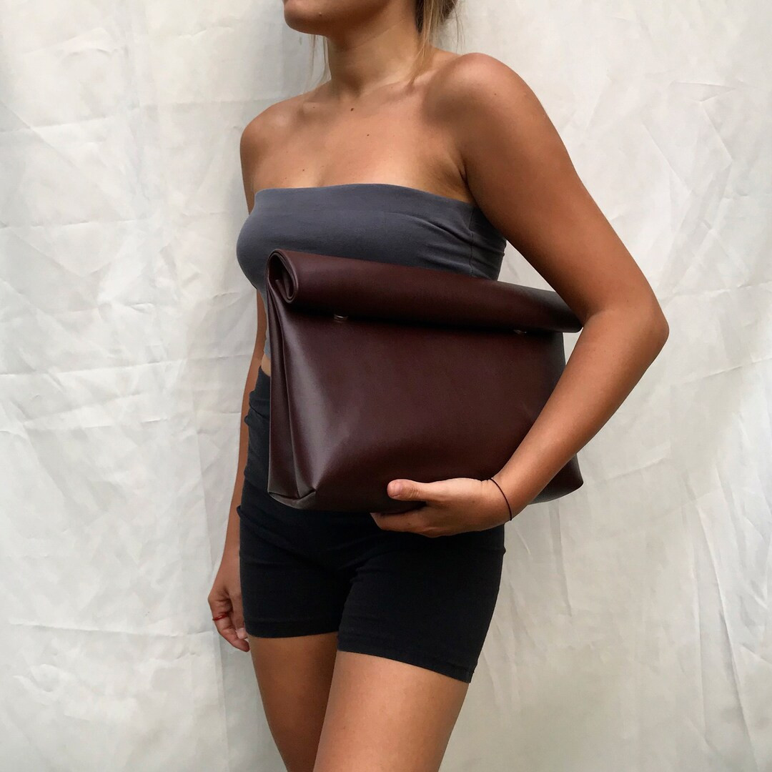 Brown Faux Leather Clutch, Vegan Fold Over Brown Leather Bag, Leather Purse, Fold Over Handbag, V... | Etsy (US)