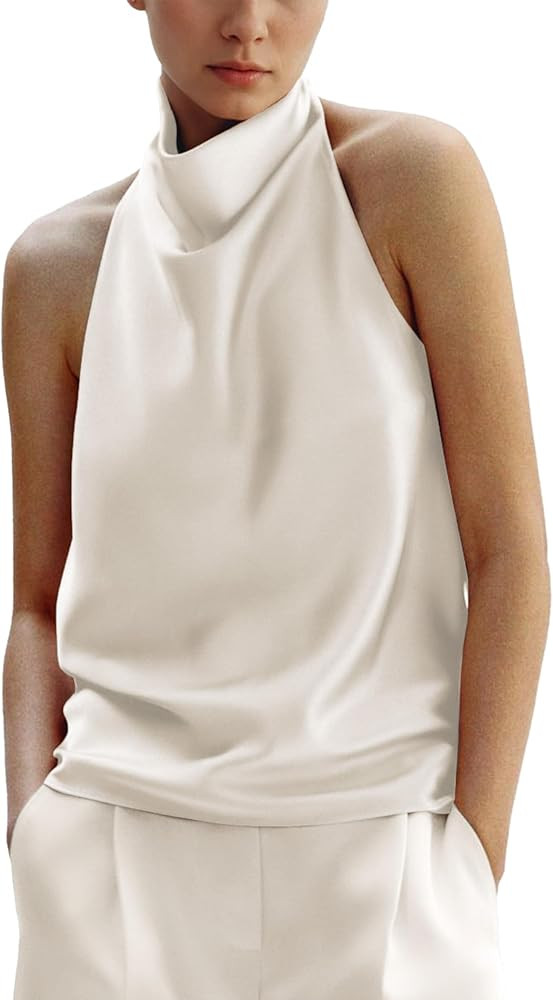 Women's Silk Satin Tank Tops Halter Draped Front Sexy Backless Womens Summer Tops Elegant Camisol... | Amazon (US)