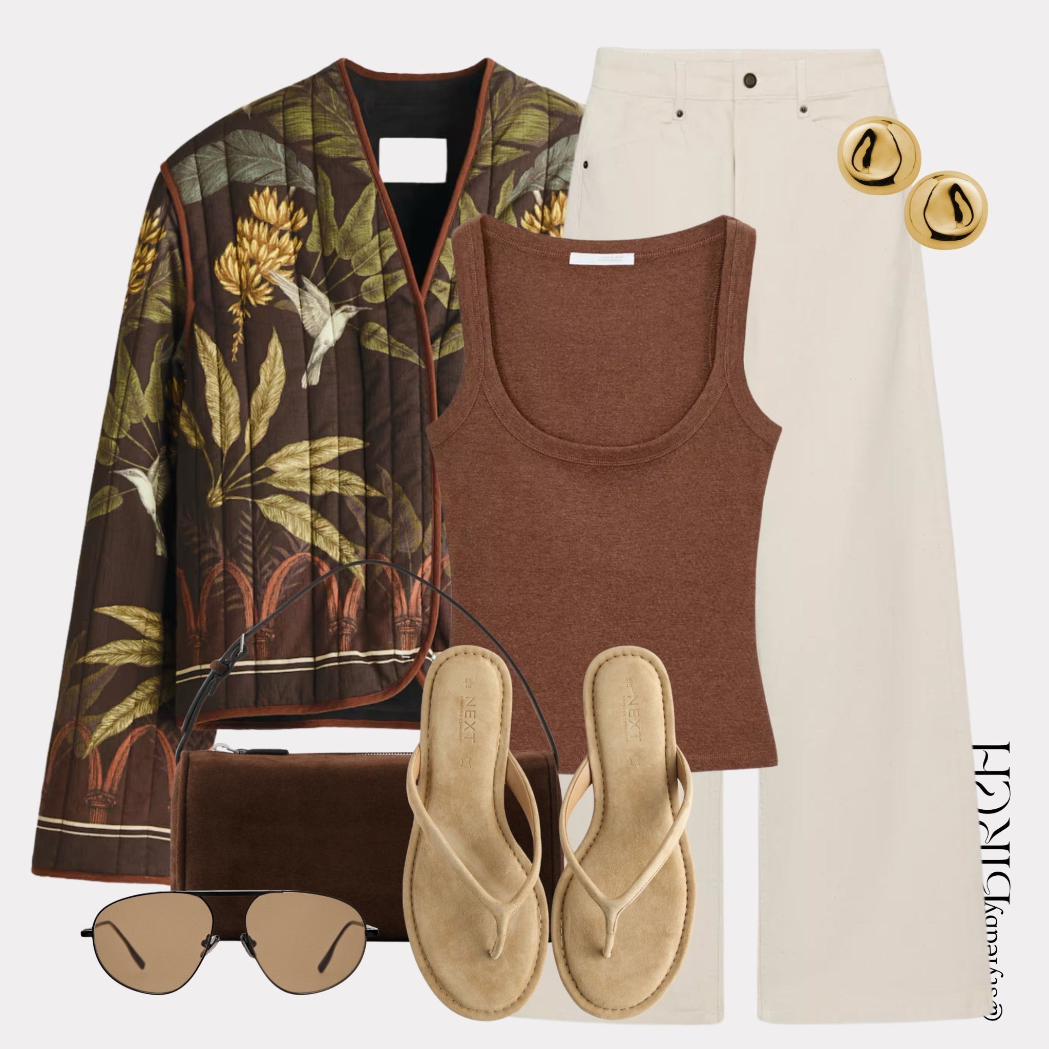 When your neutrals do all the talking and the print does the rest 🤍

Transitional dressing has never felt so good.

#ootd #outfitinspo #browntones #neutralfashion #chicstyle

Tags 🏷️
Brown botanical quilted print jacket, brown ribbed tank, ecru wide leg jeans, dark brown suede clutch bag, tan suede flip flops, gold dome earrings, brown aviator sunglass

#LTKspring #LTKeurope #LTKjeans