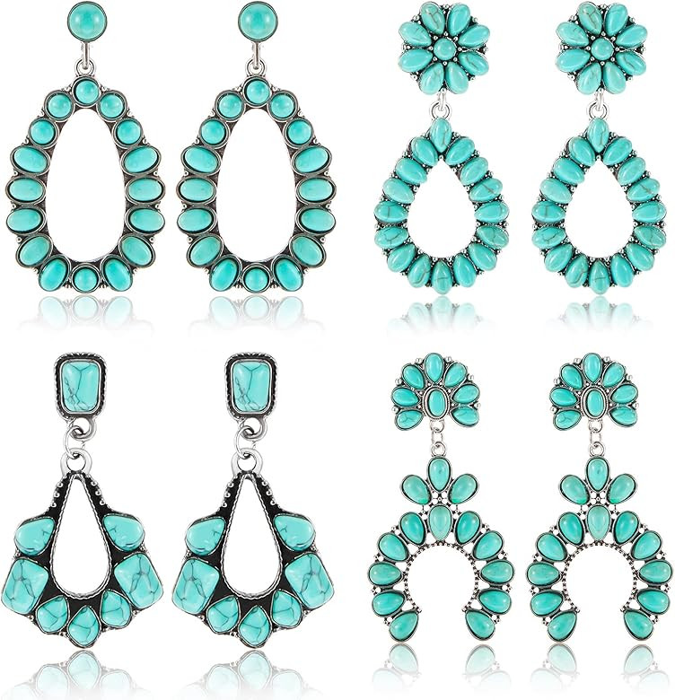 Turquoise Oval Earring 4 Pairs Turquoise Bohemian Dangle Metal Earrings Western Earrings for Wome... | Amazon (US)
