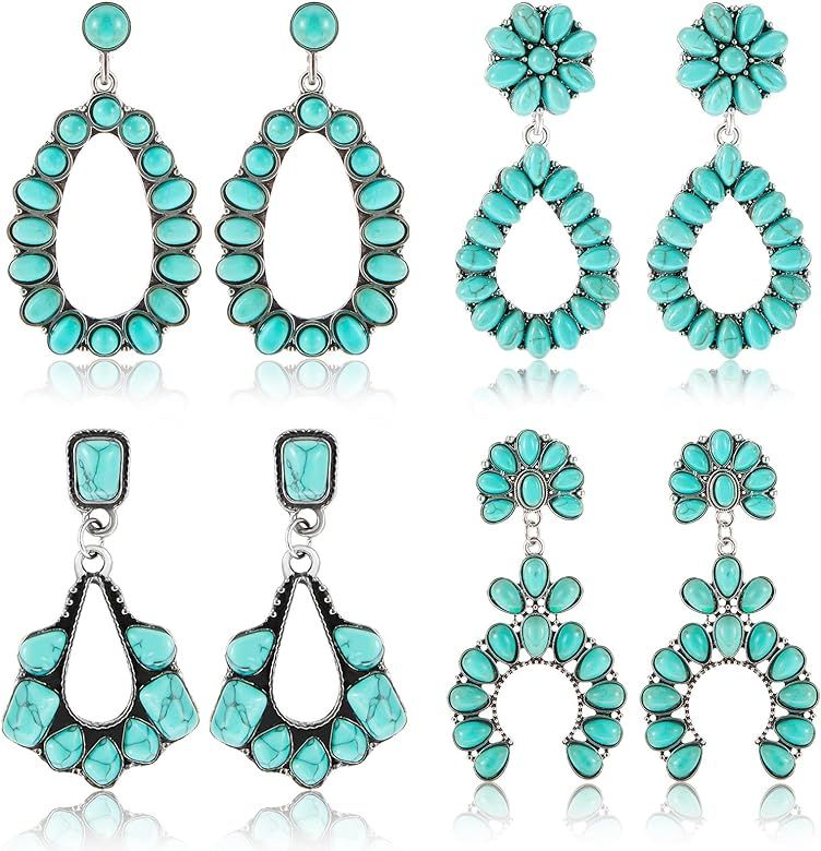 Turquoise Oval Earring 4 Pairs Turquoise Bohemian Dangle Metal Earrings Western Earrings for Wome... | Amazon (US)