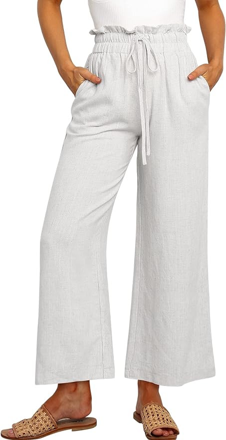 ANRABESS Women's Linen Pants Casual Loose High Waist Drawstring Wide Leg Capri Palazzo Pants Trou... | Amazon (US)