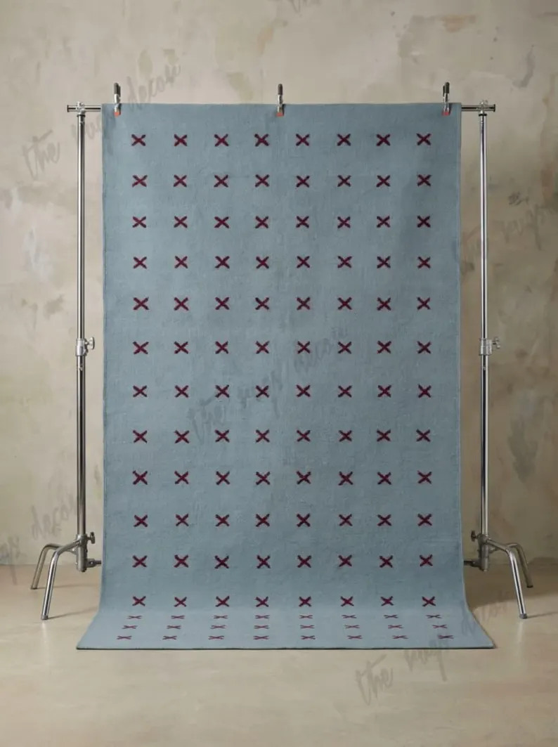 Hand Woven Flatweave Wool Rug Light Blue Area Rug with Burgundy X Stitch Pattern for Living Room,... | Etsy (Global)