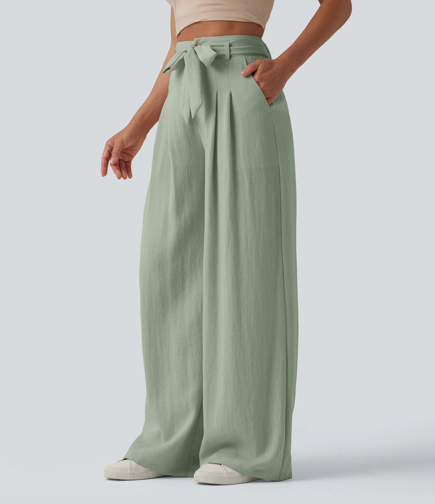 Women’s High Waisted Belted Linen-Feel Casual Baggy Pants with Pockets - Halara | HALARA