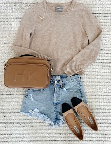 Spring outfit with shrunken cashmere sweater paired with jean shorts and flats for a chic look. Shorts run big so I recommend sizing down! Sweater is more cropped and not too thick for the springtime 

#LTKSeasonal #LTKstyletip