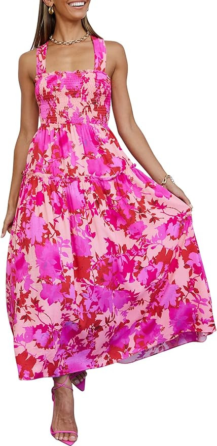PRETTYGARDEN Women's 2023 Summer Maxi Dress Halter Neck Backless Ruffle Smocked Casual Long Flowy... | Amazon (US)