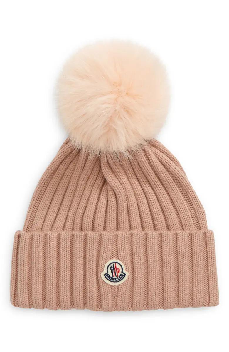 Moncler Wool Rib Beanie with Faux Fur Pompom | Nordstrom | Nordstrom