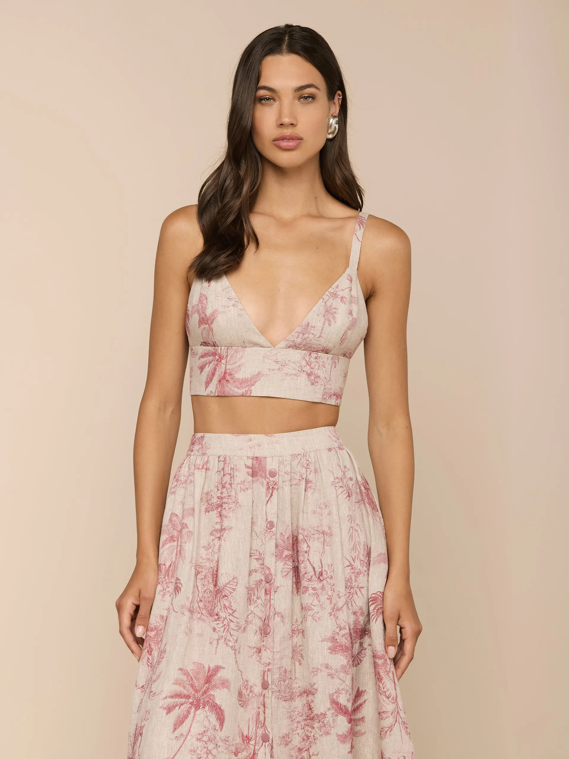 Kaori Linen Bralette Top in Tan Multi Textured Jungle Toile | L'AGENCE | L'Agence