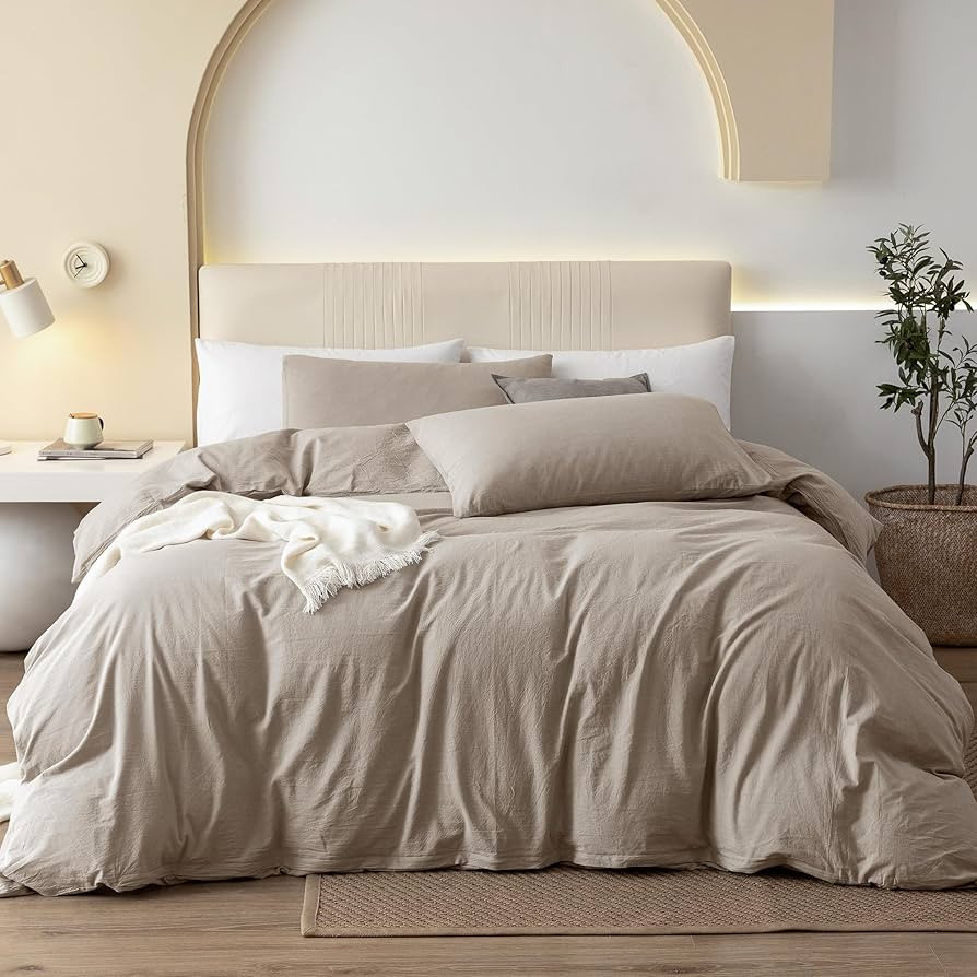 JIYUAN Queen Size Duvet Cover Set, 3-Piece - 100% Washed Cotton, Linen-Like Soft & Breathable wit... | Amazon (US)
