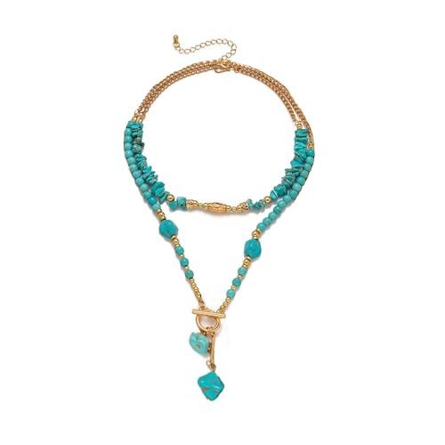 PZKQSAC Gold Turquoise Beaded Necklace for Women Layered Bead Necklaces Vintage Turquoises Choker Necklace Boho Turquoises Jewelry Western Handmade Toggle Jewelry | Amazon (US)