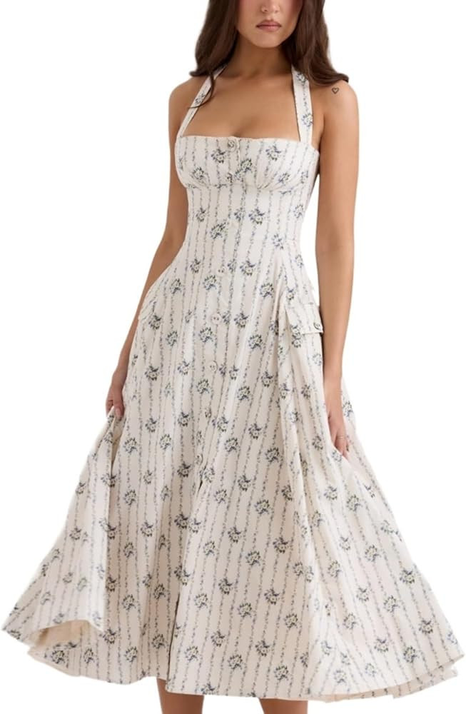 Women's Dress Halter A Line Long Floral Print Cotton Sexy Backless Summer Holiday Ladies Vacation... | Amazon (US)