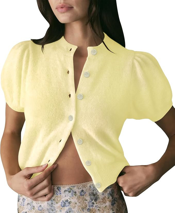 Womens Puff Short Sleeve Cardigan Sweaters Cropped Button up Lightweight Y2k Knit Summer Cardigan... | Amazon (US)