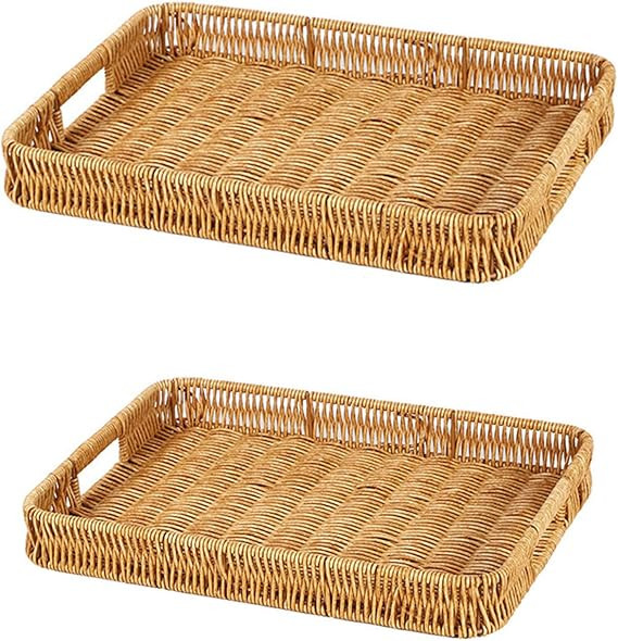 2 Pack Rectangle Rattan Serving Trays with Handles, Decorative Woven Wicker Organizer Baskets Sto... | Amazon (US)