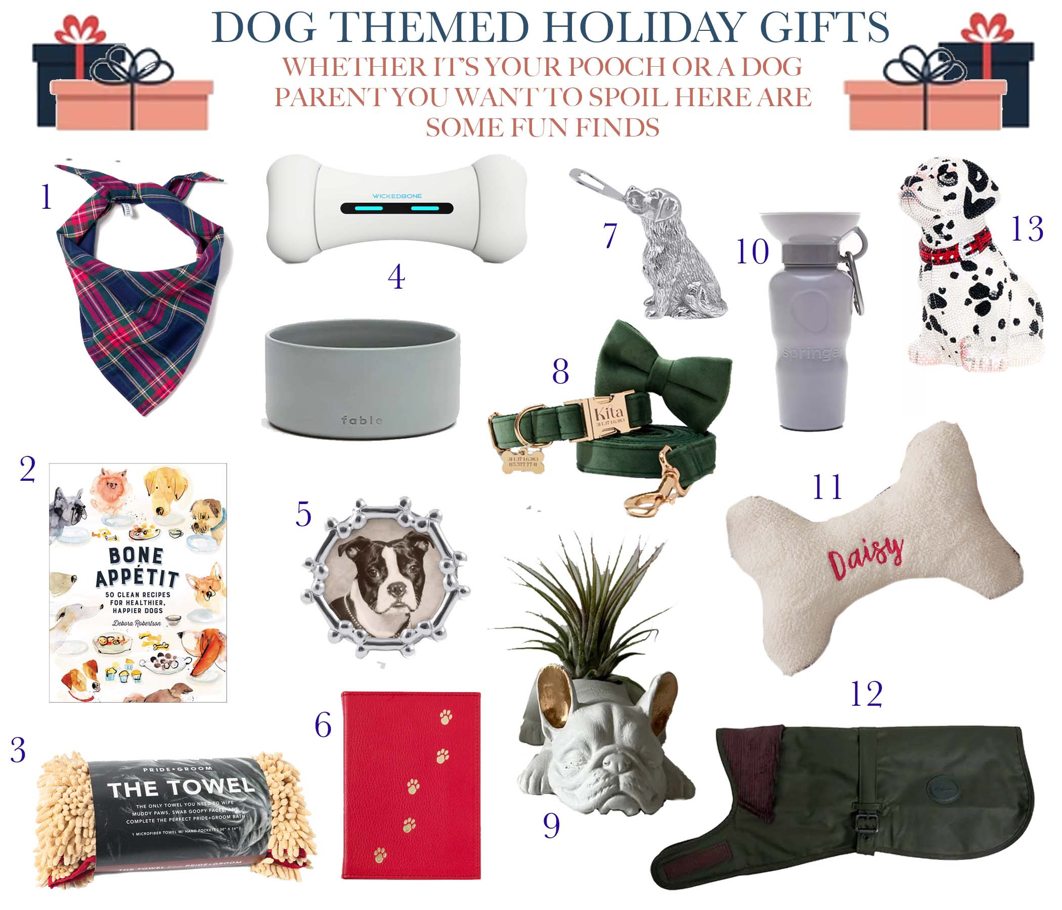 I love any gift I can use to spoil my pups and these are all things I would love or know they would enjoy. Here are some adorable and useful dog themed gifts for the pet parent in your life:

1. Windsor Tartan Dog Bandana
2. Bone Appetit: 50 Clean Recipes for Healthier, Happier Dogs
3. The Towel Dog Microfiber Towel with Hand Pockets
4. Smart Bone Automatic & Interactive Dogs Toy
5. Dog Bone Round Frame
6. Pet Brag Book-Photo Album
7. Sitting Lab Bottle Opener
8. Personalized Dog Collar and Leash
9. French Bulldog Mini Planter
10. Springer Dog Water Bottle
11. Personalized SMALL Dog Bone Small Pet Pillow
12. Barbour Olive Wax Dog Coat
13. Luna Puppy Dog Minaudiere Clutch Bag
14. Dog Bowl Made of Durable Ceramic

#couplegifts #giftsforhim #giftsforher #momgifts #dadgifts #homegifts #petgifts #petthemedgifts #dog #frenchbulldog #goldenretriever #dogmom #teengifts #cookbook #petbook #frenchie #bulldog #lab #labradorretriever #dalmatian #puppy  

 #LTKGiftGuide #LTKHoliday #LTKFamily