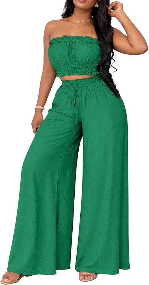 Two Piece Sets for Women Going Out Off Shoulder Crop Tube Tops Wide Leg Pants Set Vacation Date N... | Amazon (US)