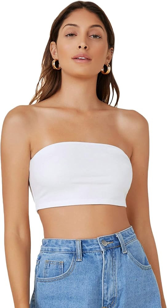 MakeMeChic Women's Fitted Crop Tube Top Basic Strapless Bandeau | Amazon (US)