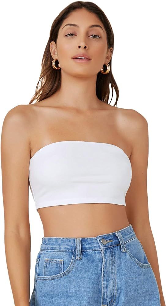 MakeMeChic Women's Fitted Crop Tube Top Basic Strapless Bandeau | Amazon (US)