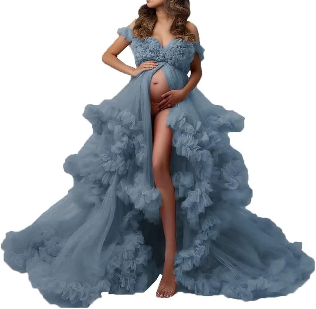 Women's Pregnancy Dresses for Maternity Photoshoot Puffy Ruffles Bridal Lingerie Bathgown Off Sho... | Amazon (US)