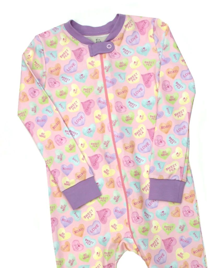 Candy Hearts Zip Up Pima Pajamas With Purple Trim | Smockingbird Kids