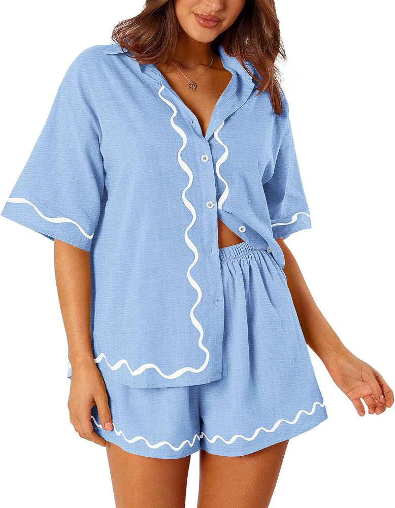 PRETTYGARDEN Women's Casual 2 Piece Outfits Summer Button Down Shirts Tops and Lounge Shorts Paja... | Amazon (US)