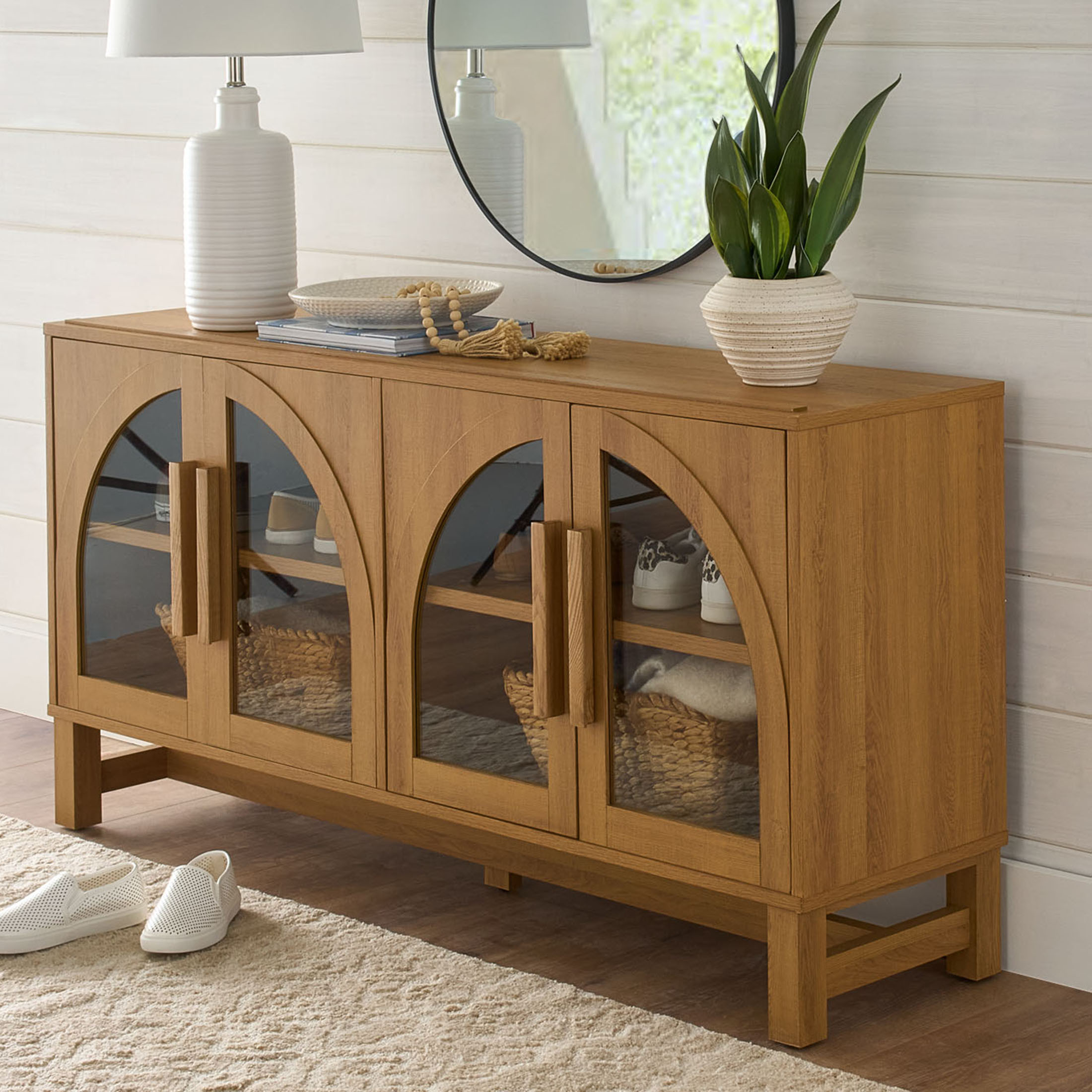 Better Homes & Gardens Juliet Arc TV Stand for TVs up to 65",  Light Honey Finish - Walmart.com | Walmart (US)
