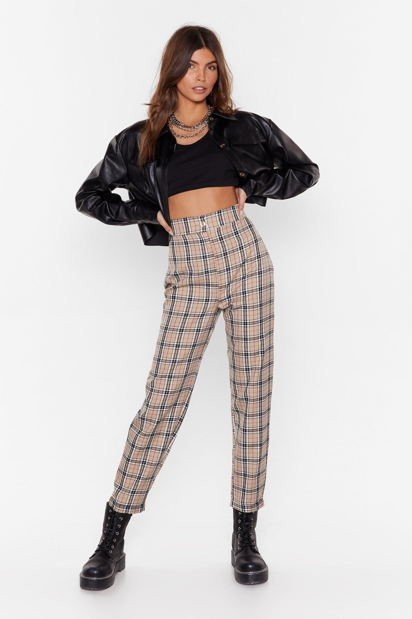 Womens High-Waisted Check Tapered Pants with Zip Fly Closure - Beige | NastyGal (US & CA)