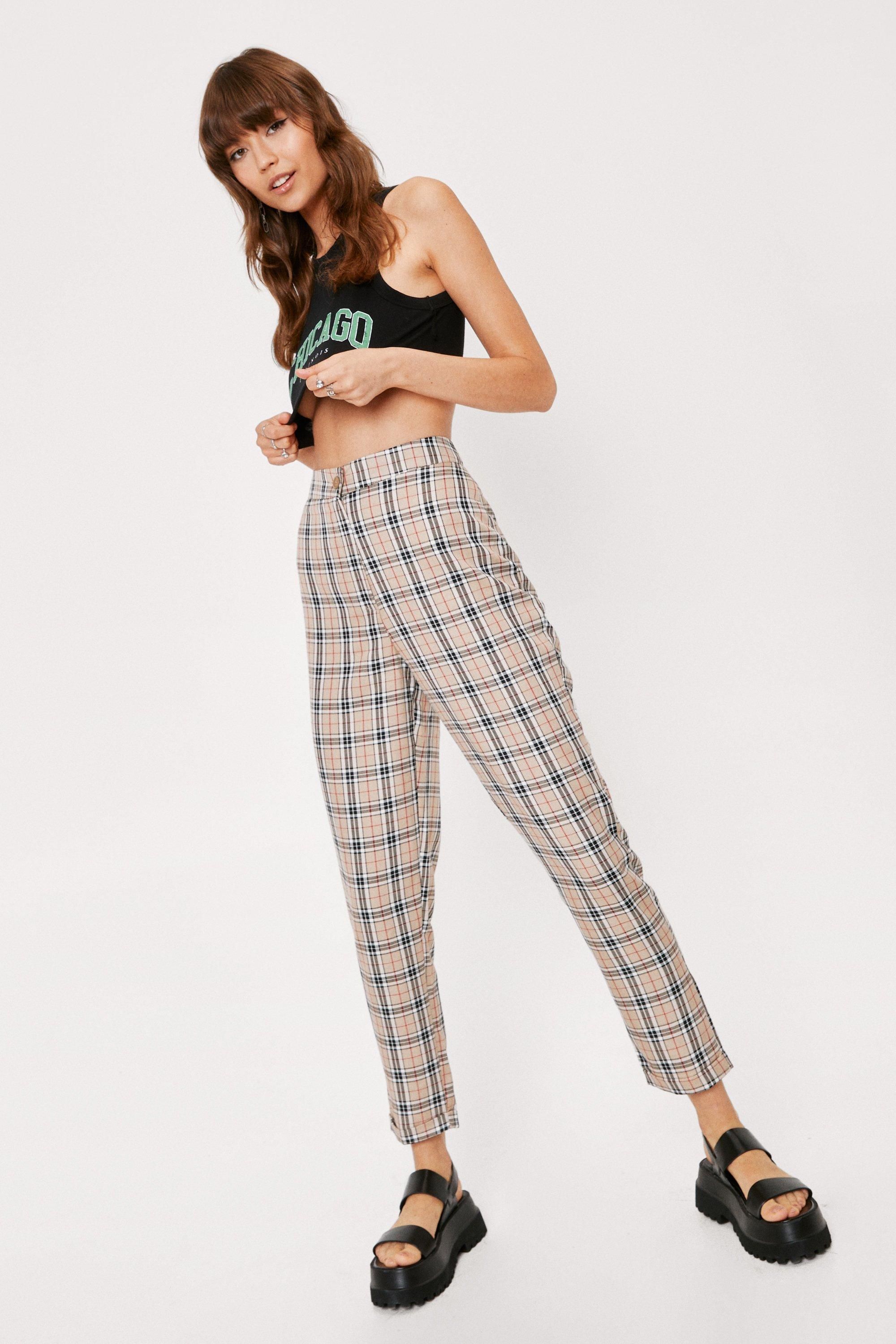 Womens High-Waisted Check Tapered Pants with Zip Fly Closure - Beige | NastyGal (US & CA)