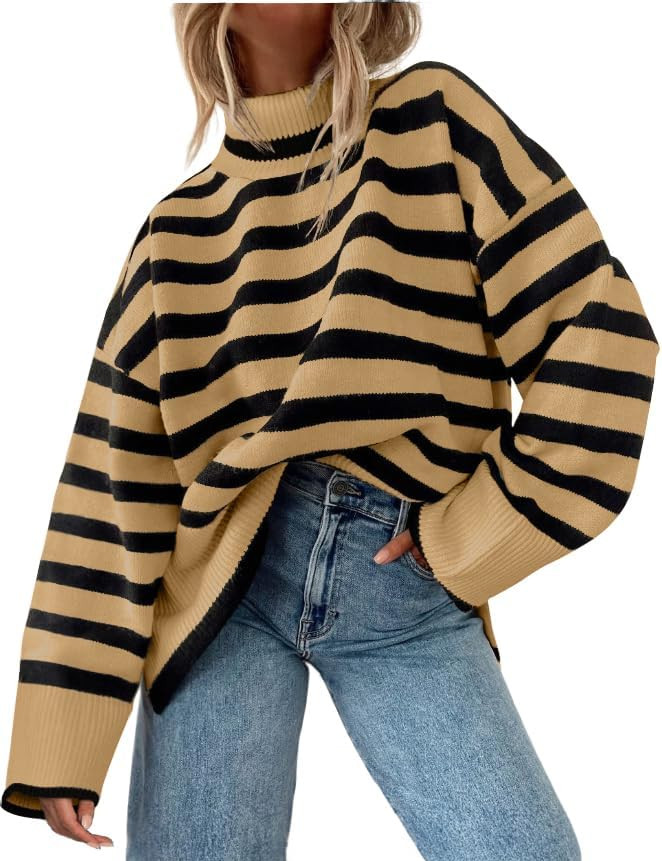 Fall Sweaters for Women Pullover Long Sleeve Turtleneck Striped Knit Tops Loose Casaul | Amazon (US)