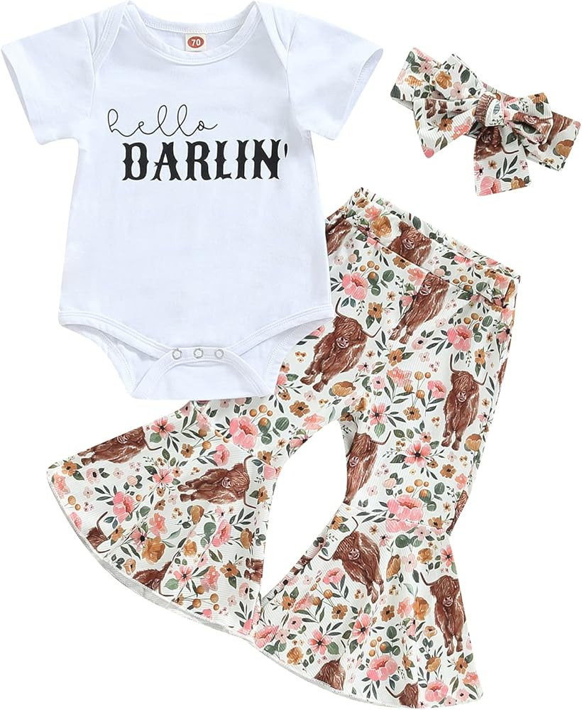 Western Baby Girl Clothes Letter Print Short Sleeve Romper Cow Print Flare Pants Headband 3Pcs Su... | Amazon (US)