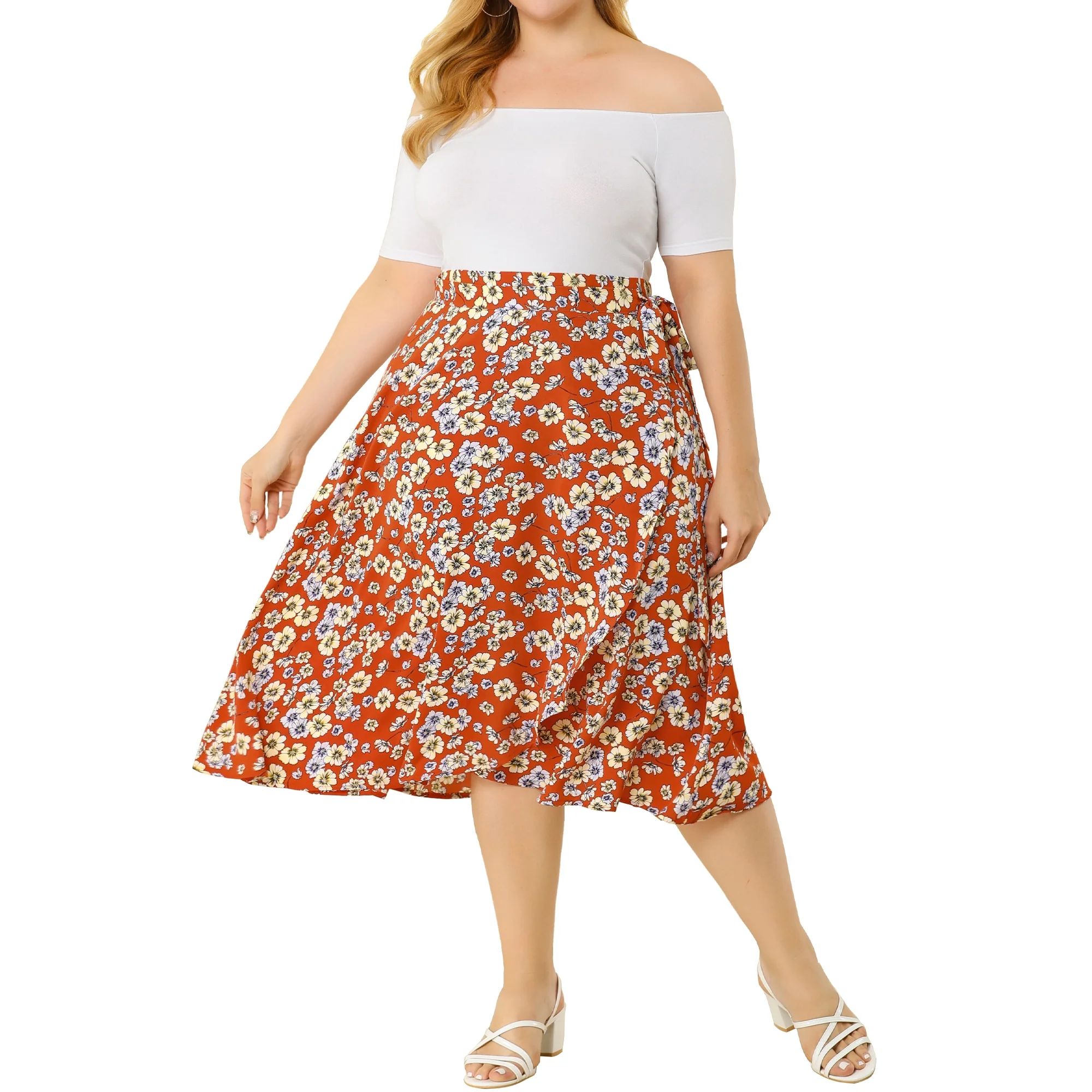 Women's Plus Size Boho Chic Ruffled Hem Floral Wrap Midi Skirt | Walmart (US)