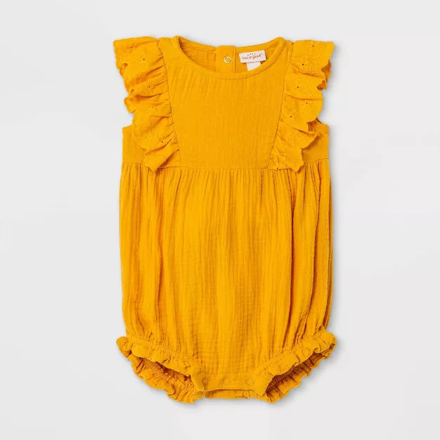 Baby Girls' Bubble Gauze Short Sleeve Romper - Cat & Jack™ Yellow 12M | Target