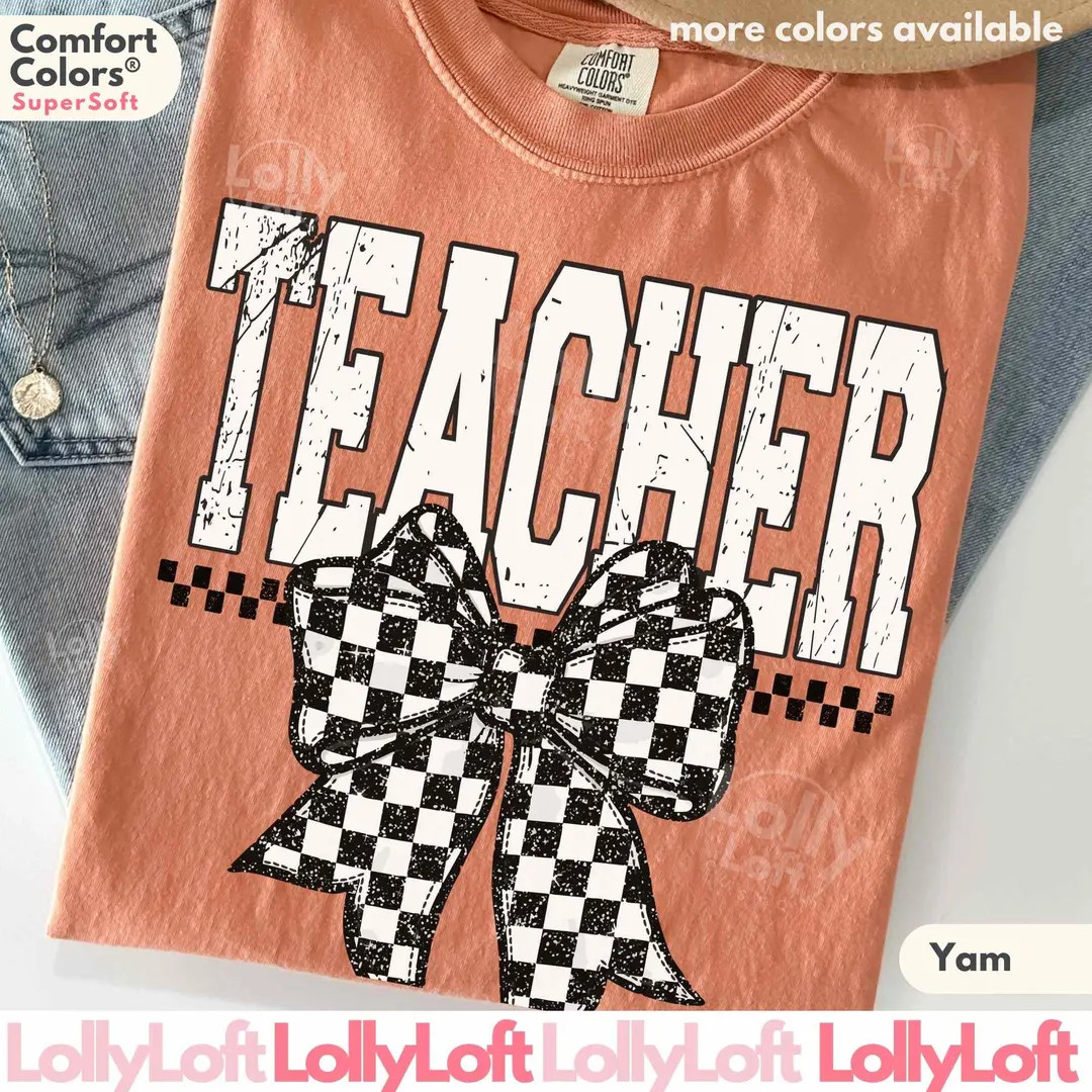 COMFORT COLORS® Checkered Teacher Shirt Distressed Varsity Coquette Checker Bow Tee Cute Teacher... | Etsy (US)