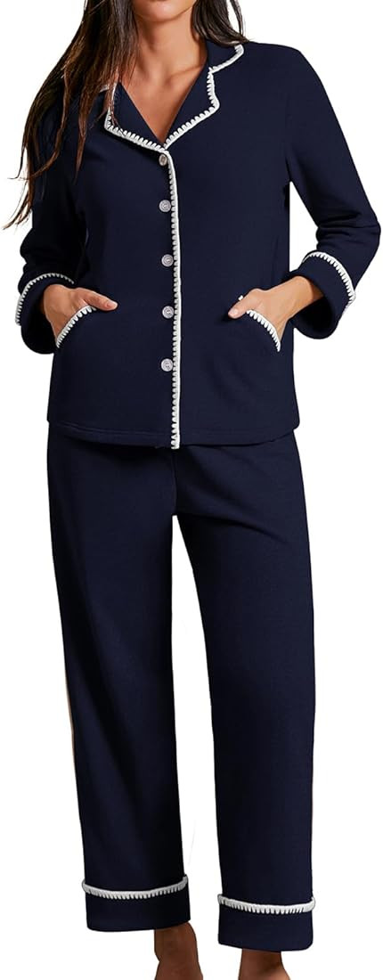 CHYRII Womens Pajamas Sets Fall Fashion Flannel Scalloped Button Up Long Sleeve PJ Sets Two Piece... | Amazon (US)