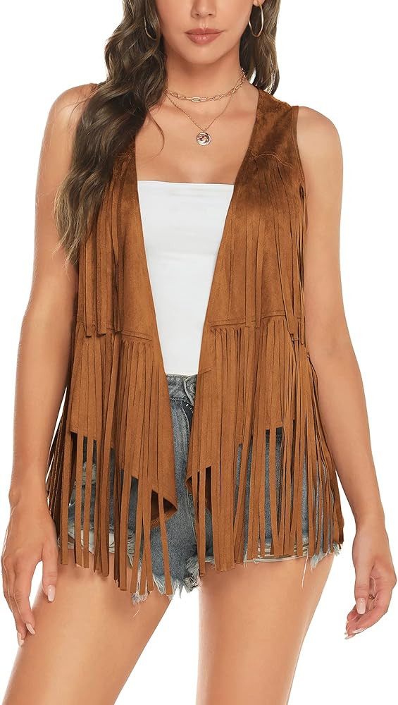 Zeagoo Women's Tassel Sleeveless Vest 70s Outfits for Women Hippie Clothes Fringe Jacket Cardigan... | Amazon (US)