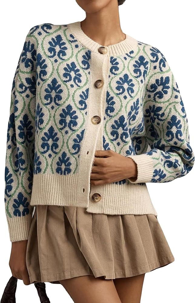 Floral Cardigan Sweaters for Women Lightweight Button Up Flower Printed Pattern Cardigans Fall Kn... | Amazon (US)