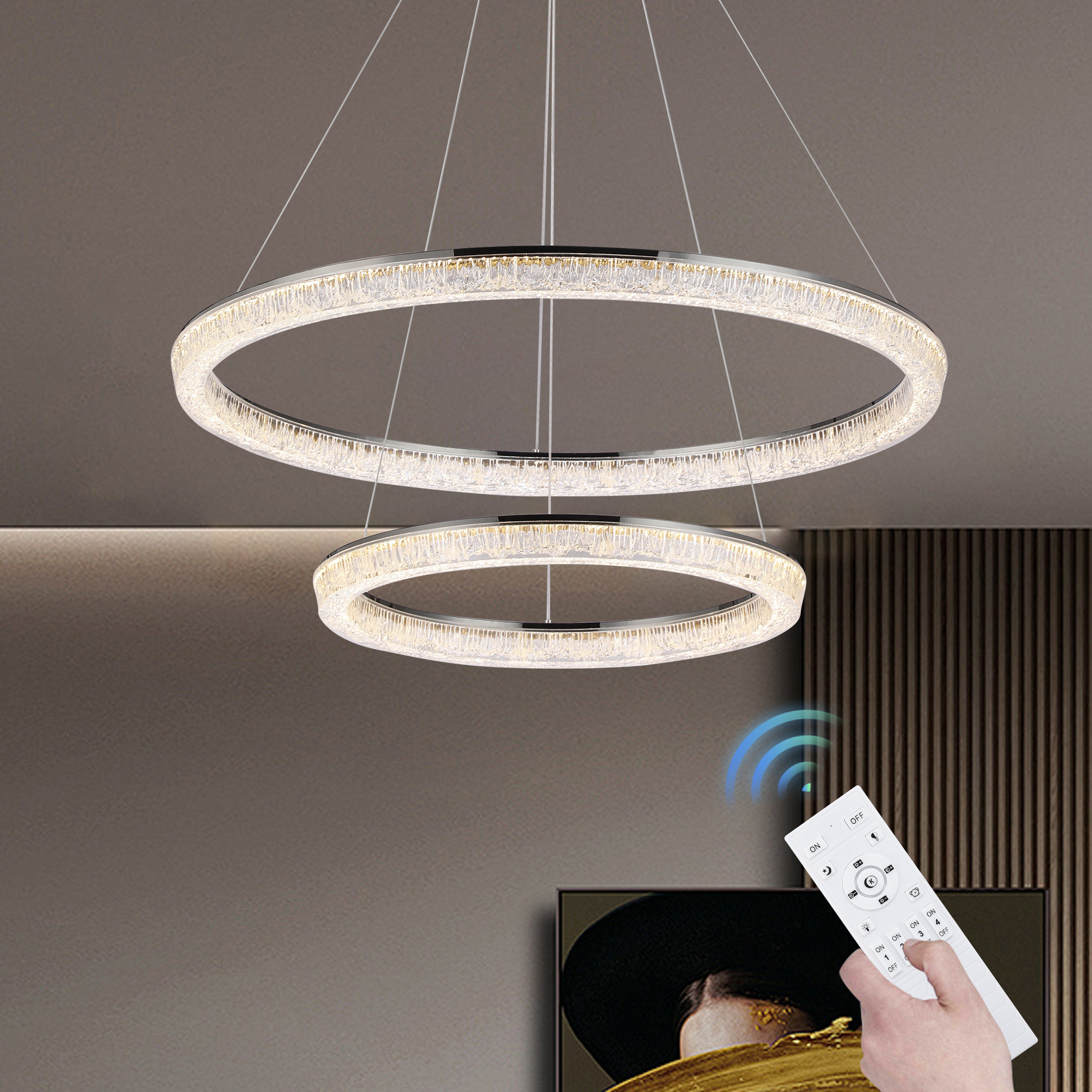 Modern Double Ring LED Chandelier – 31.5"", Adjustable Suspension, 3-Color Dimmable | Homary