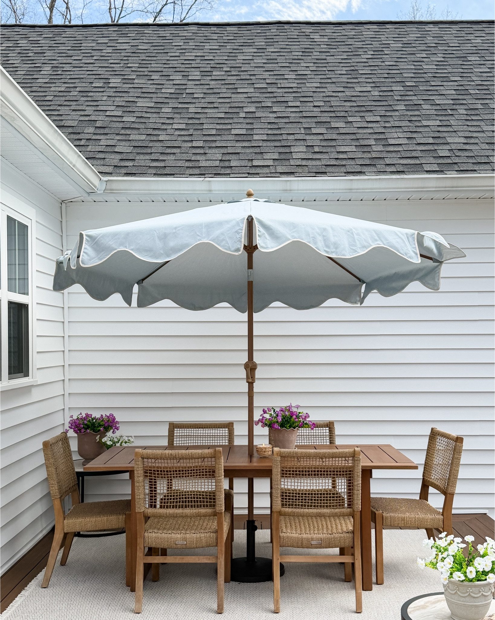 Im really feeling the blues recently. What’s your favorite? Classic white umbrella or light blue? 

A frequently asked question is about this set and it is actually not a set! I bought the chairs at Walmart + the dining table is from Target. Neither of which is sold anymore but I did find a very similar set which is linked below. 

#LTKSaleAlert #LTKHome