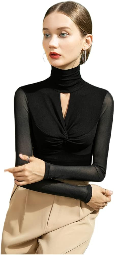 Women Long Sleeve Bodycon Turtleneck Keyhole Tees Top Solid Sexy Sheer Mesh See Through Shirt Ele... | Amazon (US)