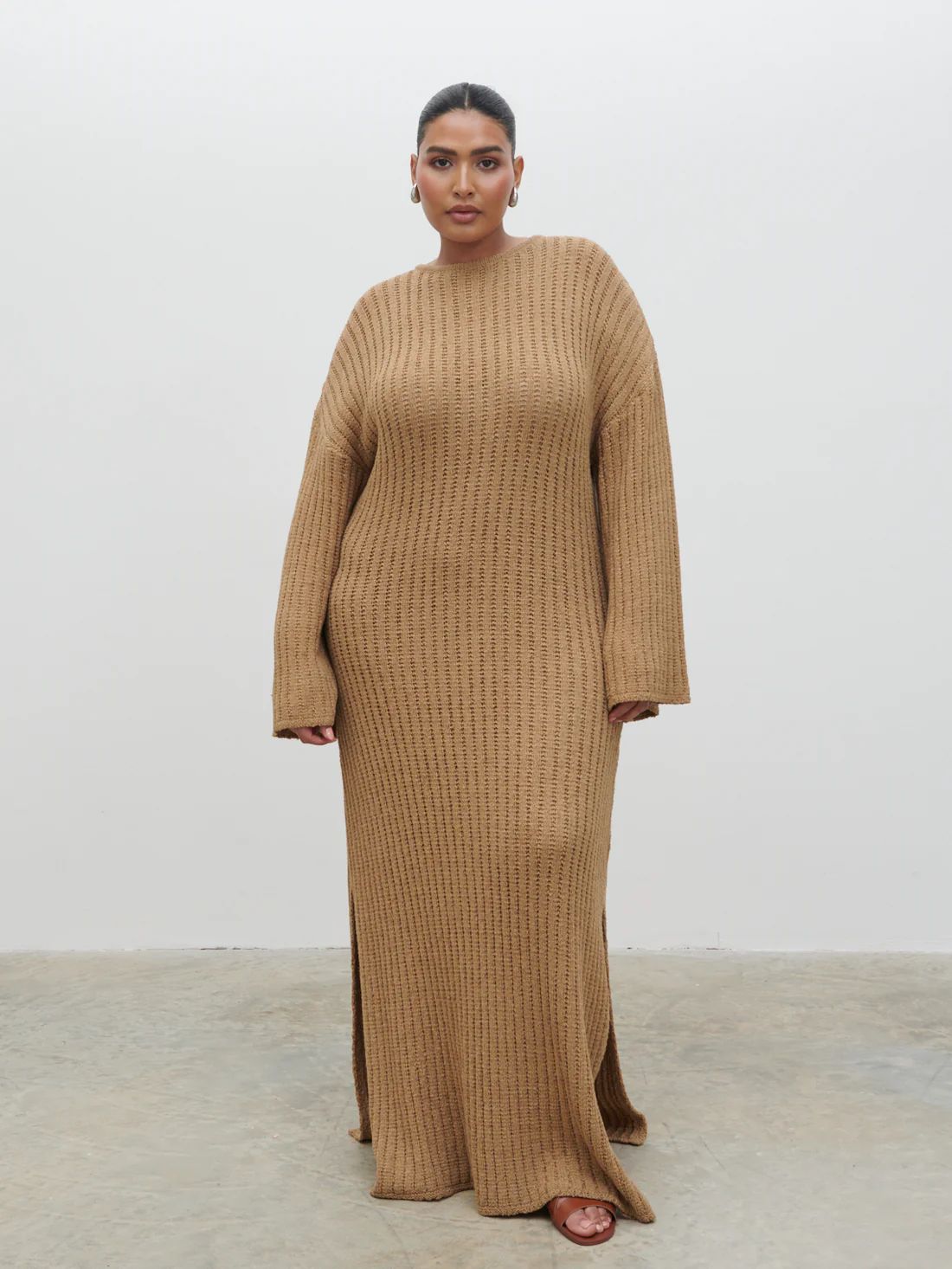 Eleanor Knit Maxi Dress Curve - Biscuit | Pretty Lavish (UK)