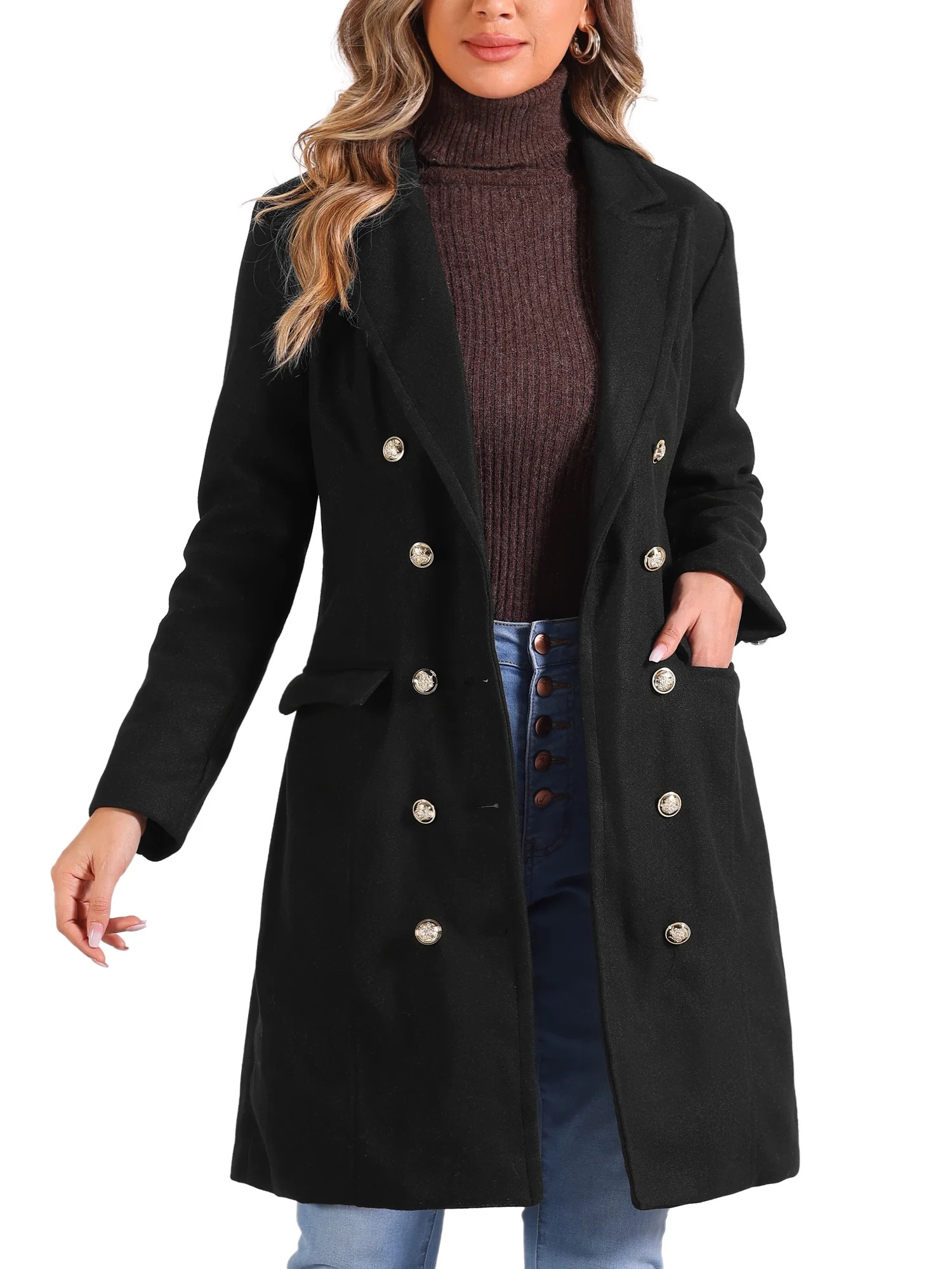 INSPIRE CHIC Pea Coat for Women's Notched Lapel Double Breasted Mid Long Winter Warm Coats | Walmart (US)