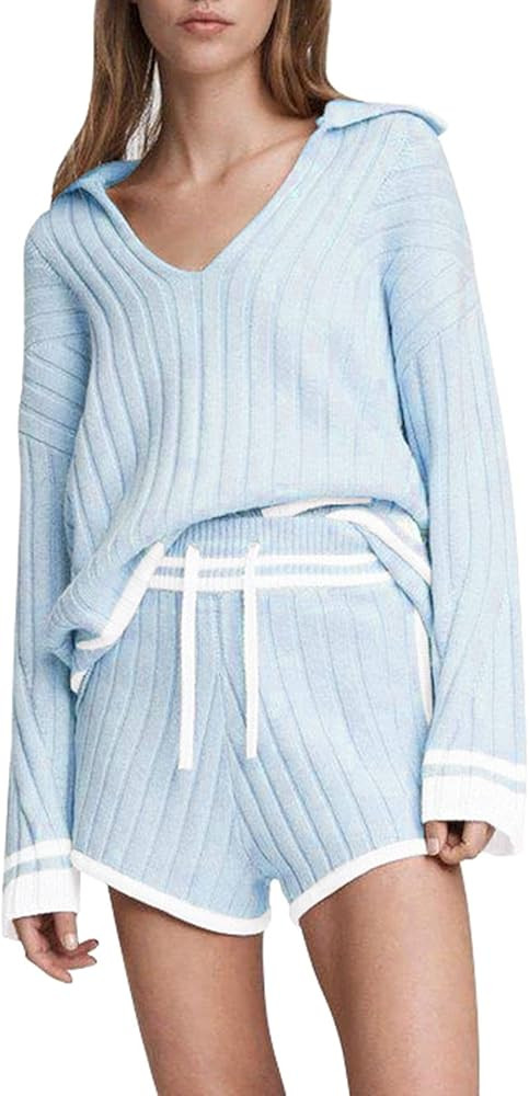 Linsery Women 2 Piece Outfits Sweater Sets V Neck Knit Tops Rib Shorts Suits Casual Pajama Set | Amazon (US)
