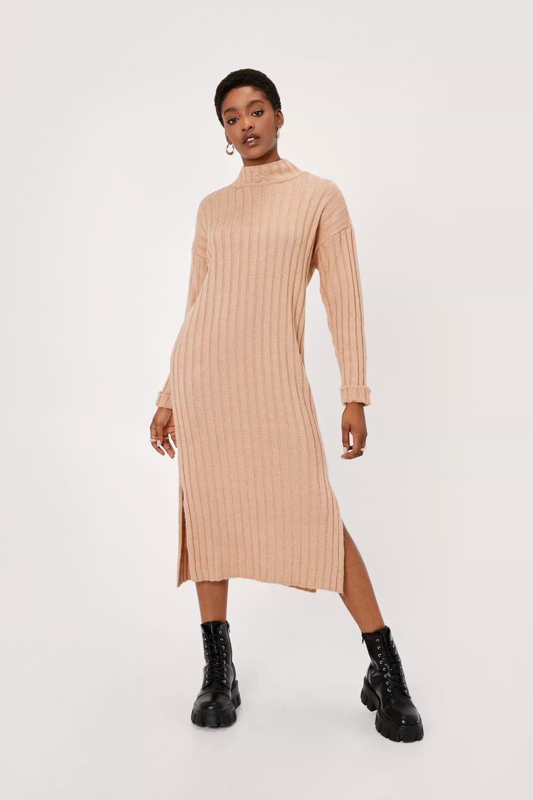 Wide Ribbed Turn Cuff Midi Sweater Dress | Nasty Gal (US)