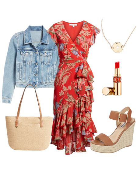 Red floral summer wrap dress with wedge espadrille sandals, gold compass necklace, red lipstick, denim jacket #summeroutfits #pinterestfavorites #whattowear #virtualstylist

#LTKStyleTip #LTKOver40 #LTKFindsUnder50