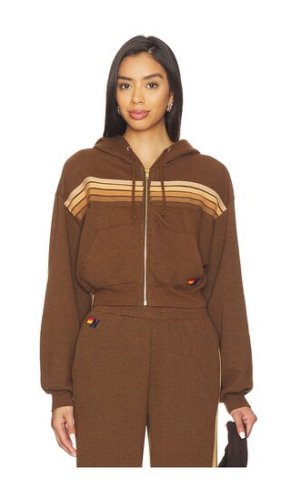 Aviator Nation 5 Stripe Cropped Zip Hoodie in Brown. - size XL/1X | Revolve Clothing (Global)