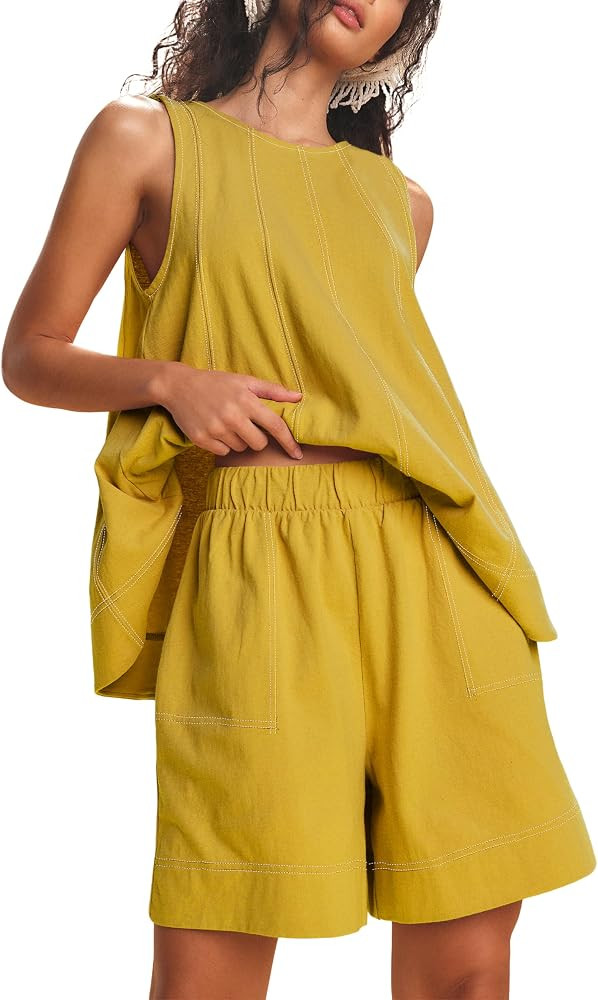 Womens 2 Piece Lounge Set Casual Summer Outfits Sleeveless Tank Top and Elastic Waist Shorts with... | Amazon (US)