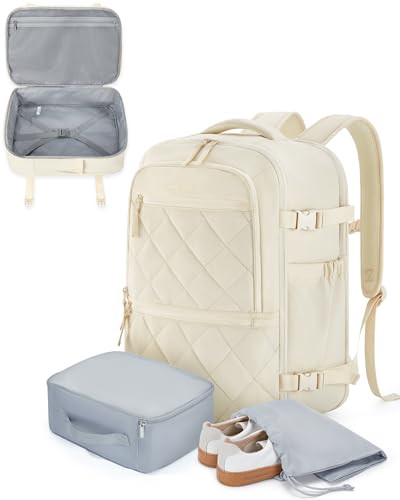 BAGSMART Travel Backpack for Women Men, 30L Carry on Backpack for Airplanes, 17 Inches Backpack for Women, with Shoe Bag & Storage Bag, Backpack Suitcase for Travel, Beige | Amazon (US)