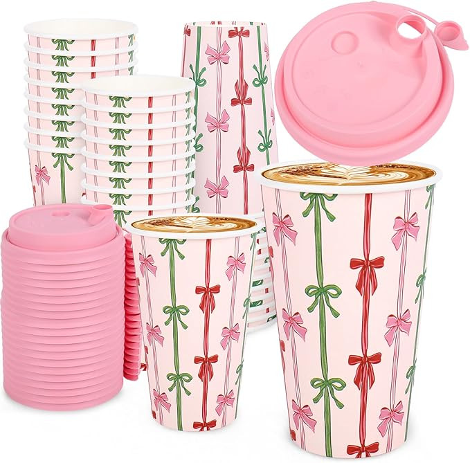 Whaline 50 Set Christmas Disposable Coffee Cups with Lids Pink Red Green Bow Paper Cup Holiday Dr... | Amazon (US)